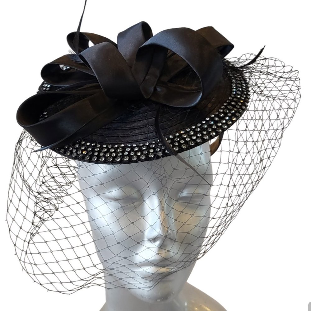 Women Designer satin ribbon church wedding Derby fascinator Hat headband Black